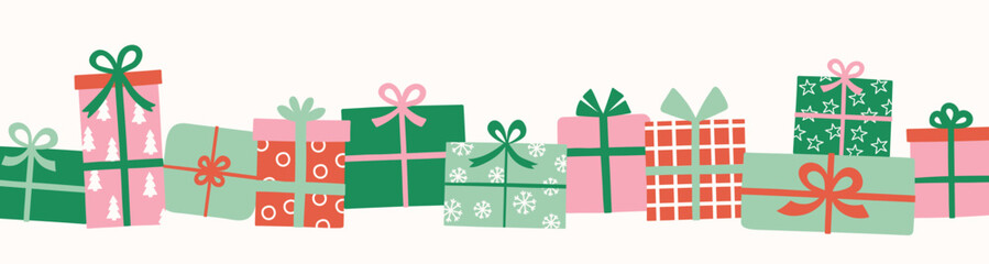 Christmas banner in cartoon style. Colourful gift boxes with bows. Vector illustration