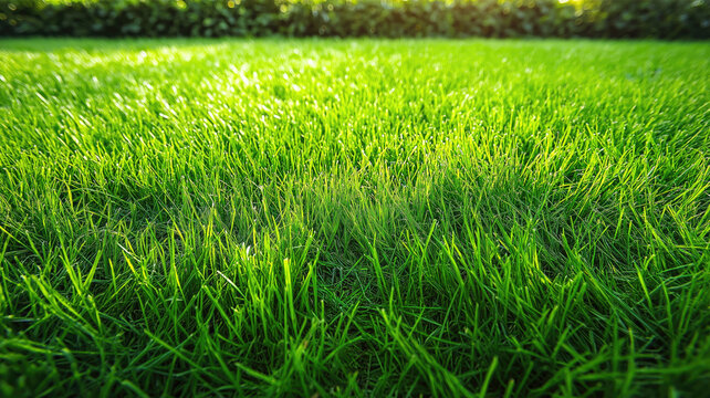 Green lawn with fresh grass outdoors. Nature spring grass background texture. Generative AI