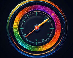 Colorful speedometer with a vibrant rainbow gradient, featuring a sleek black background and an orange needle.