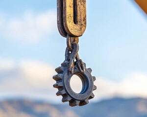 Fototapeta premium Close-up of a metallic pulley gear against a blurred sky, showcasing industrial strength and precision.
