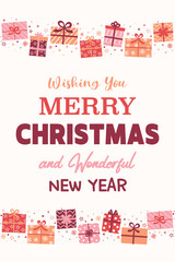 Christmas poster with decorations in cartoon style. Greeting card with hand drawn presents. Vector illustration