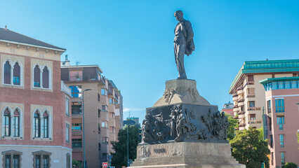 Statue of Giuseppe Verdi, in the front of Casa Verdi timelapse Milan, Italy