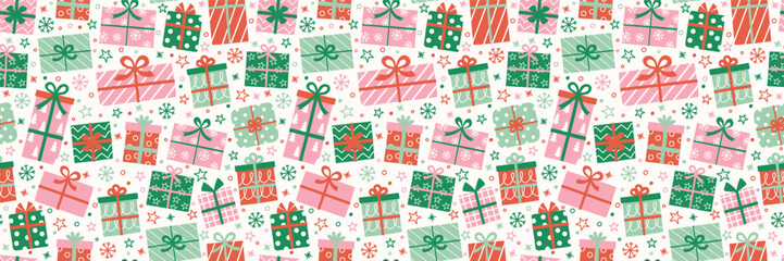 Colourful hand drawn presents background. Christmas seamless texture. Banner. Vector illustration
