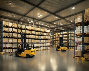Two yellow forklifts operate in a spacious warehouse filled with stacked goods, creating an efficient logistics environment.