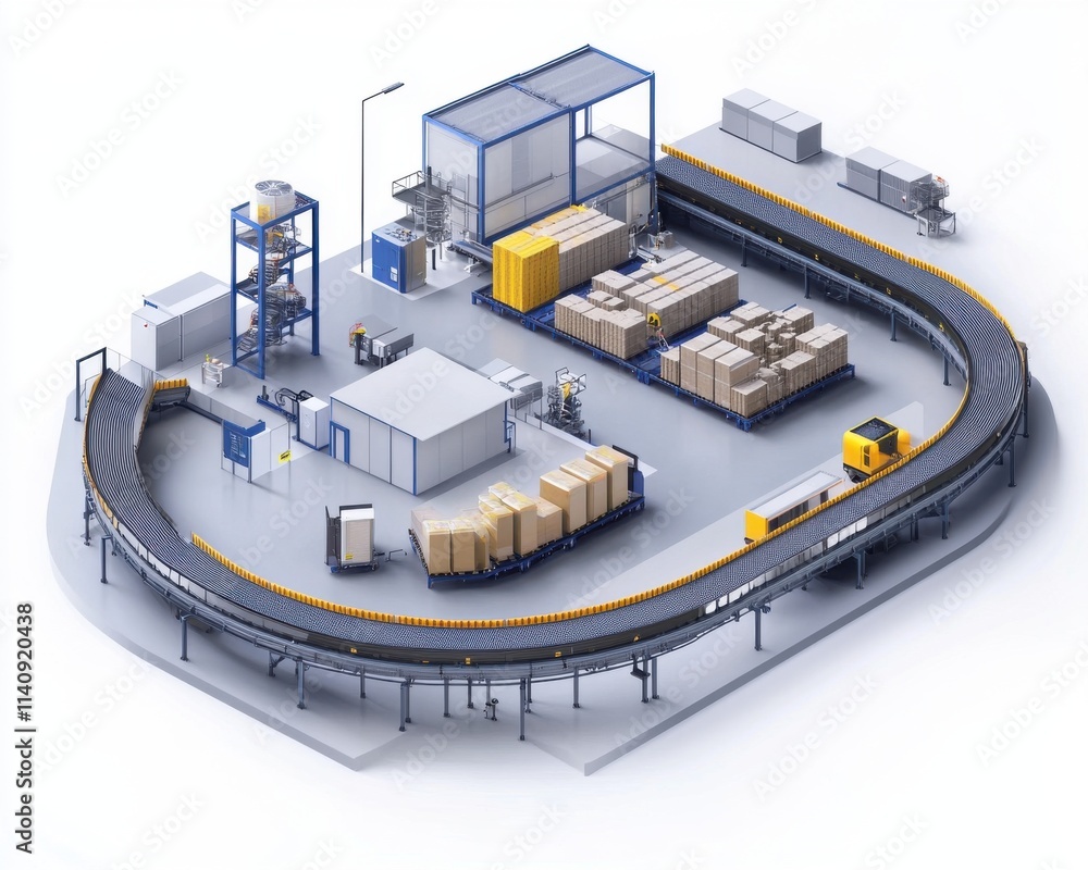 Poster aerial view of a modern warehouse with automated conveyor belts and stacked boxes, showcasing an eff