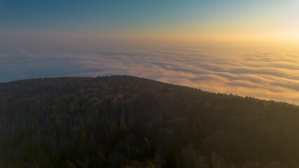 View from Mount Ślęża at sunrise, bird's eye view, Lower Silesia, Poland.