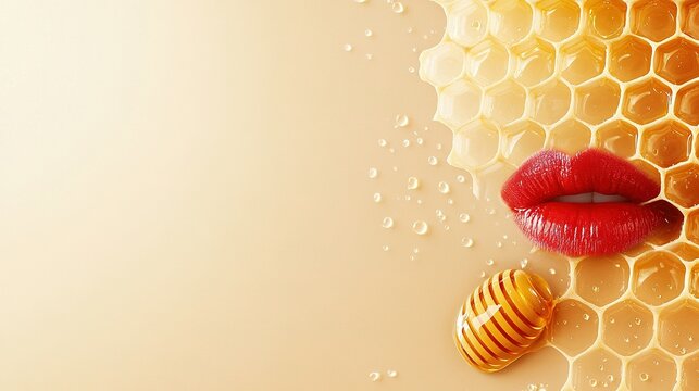   A macro shot of a lady's vibrant red lipstick, intricate honeycombs, and a yellow backdrop adorned with water droplets