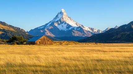 Fototapeta premium Path of beginning and start exploration, A stunning mountain landscape features a snow-capped peak towering over golden fields and a rustic structure, bathed in warm sunlight.