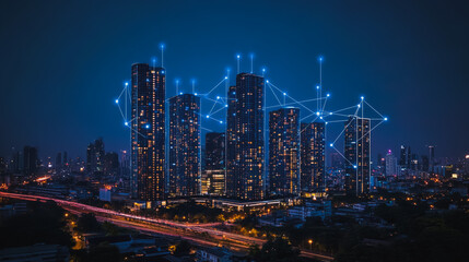 Fototapeta premium Smart digital city with connection cyber security network reciprocity over the cityscape . future smart wireless digital city and social media networking systems that connects people within the city