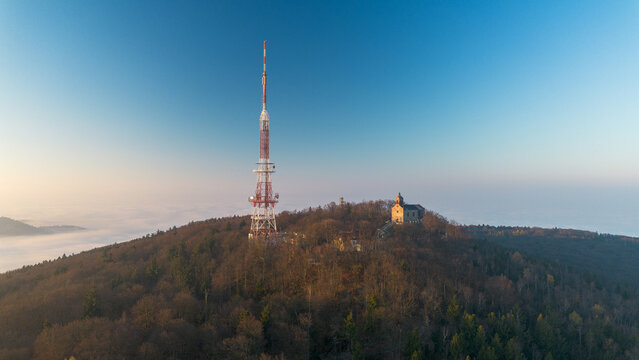 Ślęża Mountain at sunrise, bird's eye view