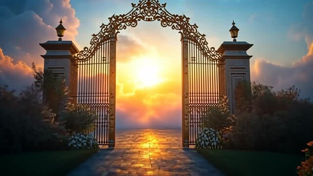 Golden Heavenly Gates Opening with a Glowing Sunset and Clouds