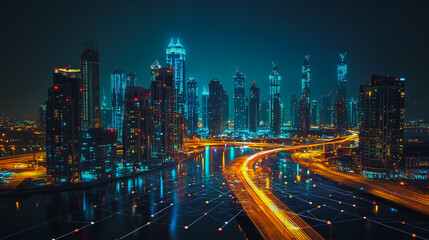 Obraz premium Smart digital city with connection cyber security network reciprocity over the cityscape . future smart wireless digital city and social media networking systems that connects people within the city