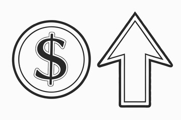 Minimalistic, clean icon with a dollar sign and a simple upward arrow in a flat design style, transparent background, no complex shading or gradients. Black Color and White Background