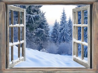 Winter Wonderland Viewed Through A Rustic Wooden Window