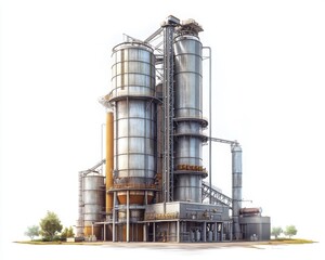 A large industrial facility featuring towering silos and pipelines, showcasing modern engineering and design.
