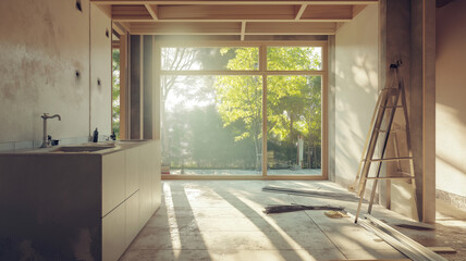 Fototapeta premium Modern home bathroom remodel house under construction. Generative AI