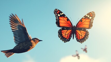 Fototapeta premium Bird and butterfly in flight against a clear blue sky.