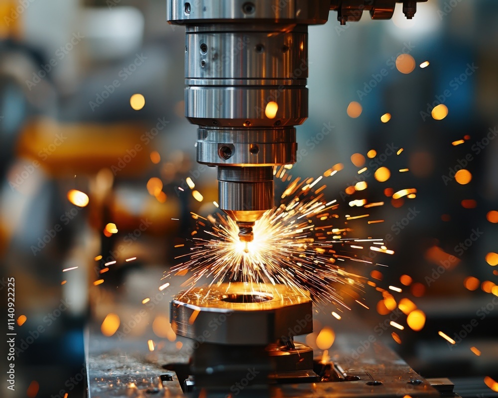 Poster a close-up of a metalworking machine creating sparks during the machining process, exuding energy an