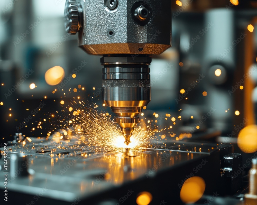 Poster close-up of a cnc machine in action, producing sparks during metal cutting with a dramatic focus on 
