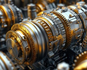 Fototapeta premium Intricate metallic gear system showcasing a blend of silver and gold tones, highlighting precision engineering.