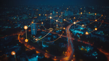 Smart digital city with connection cyber security network reciprocity over the cityscape . future smart wireless digital city and social media networking systems that connects people within the city