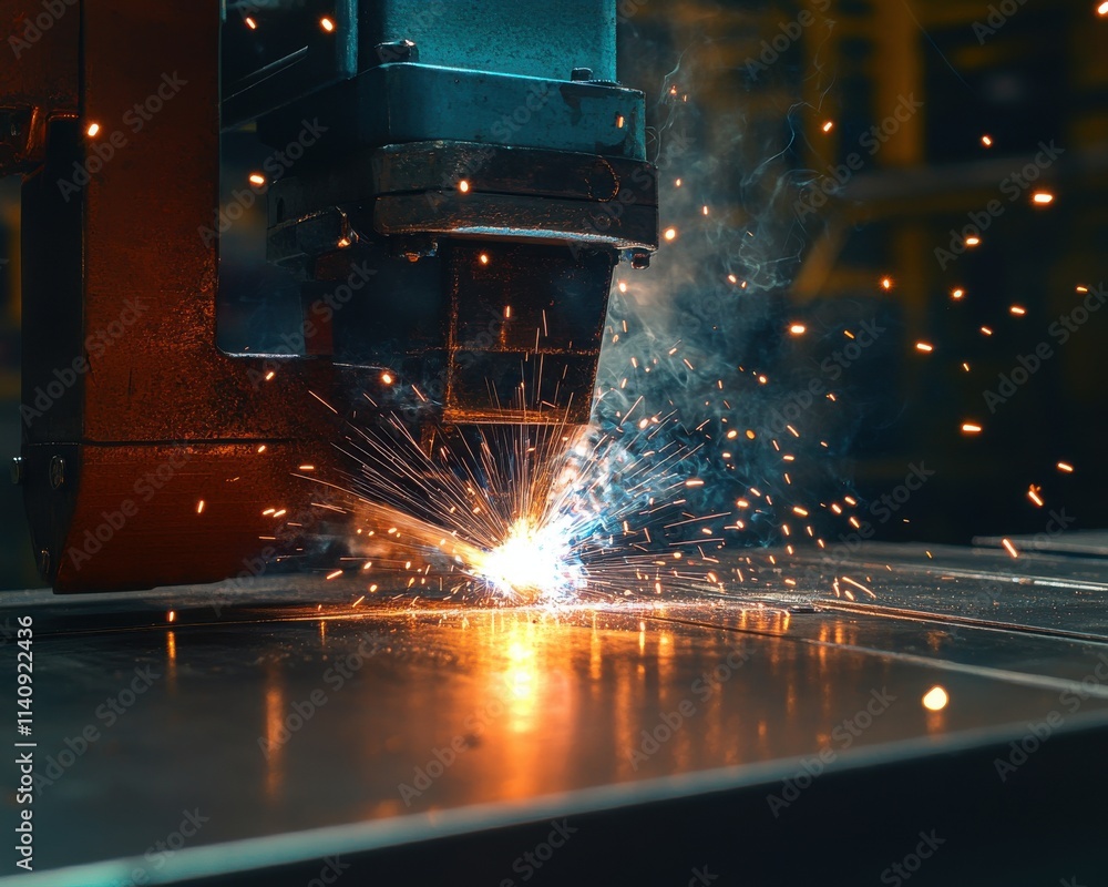 Poster a close-up of a welding machine in action, creating sparks in an industrial workshop setting.