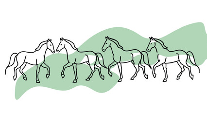One line horses. Minimalism horse portrait and silhouette, stable animals single continuous line