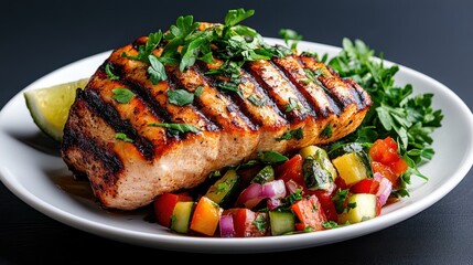 A delicious grilled salmon fillet served alongside a colorful vegetable salad with tomatoes, cucumbers, and parsley, all on a pristine white plate garnished with herbs.