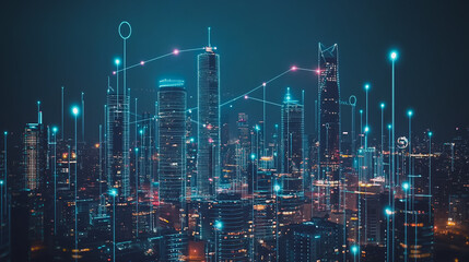Obraz premium Smart digital city with connection cyber security network reciprocity over the cityscape . future smart wireless digital city and social media networking systems that connects people within the city