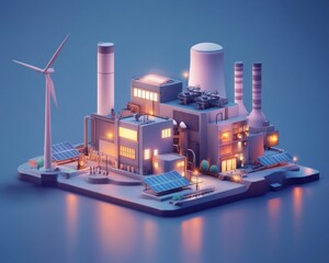 A vibrant 3D model of a modern industrial plant with renewable energy sources and glowing elements at dusk.