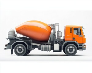 Naklejka premium A vibrant orange concrete mixer truck is showcased in profile, emphasizing its industrial design and functionality.