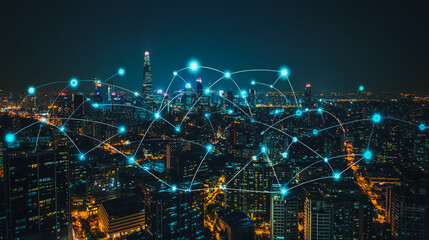Obraz premium Smart digital city with connection cyber security network reciprocity over the cityscape . future smart wireless digital city and social media networking systems that connects people within the city