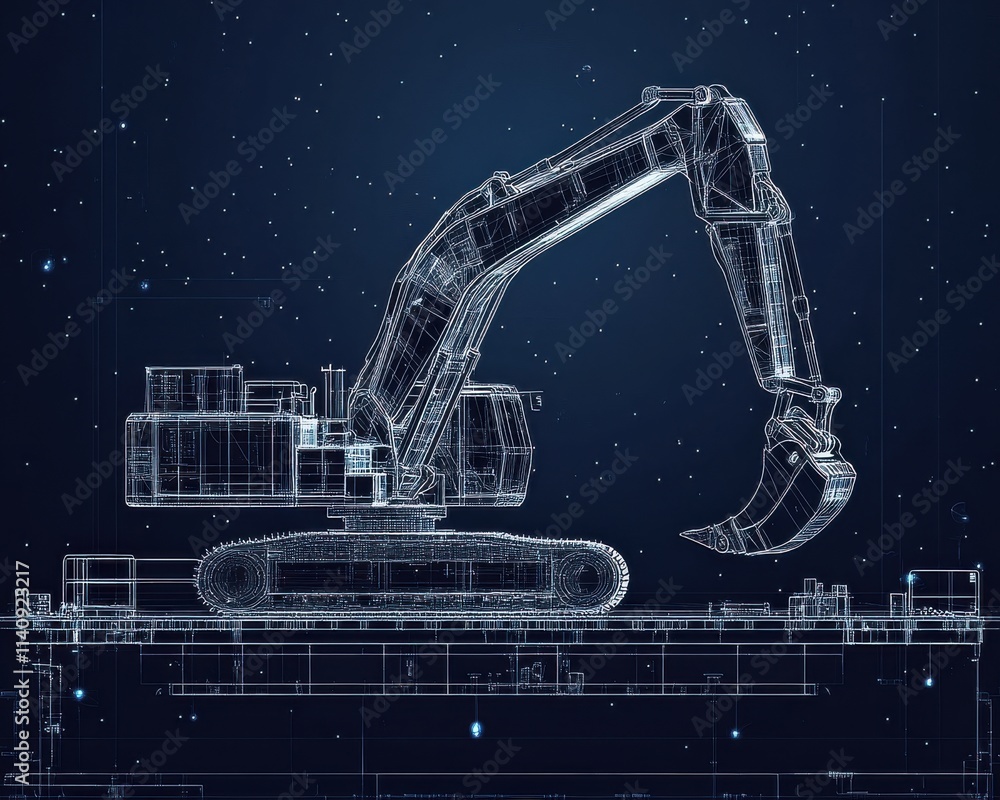 Poster detailed blueprint of an excavator with a metallic structure, showcasing robotic features and a slee