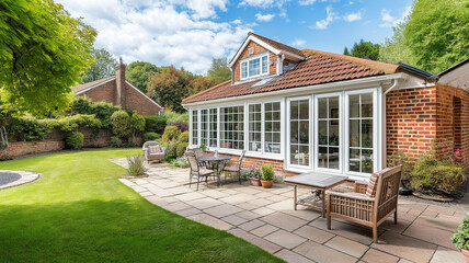 Modern Sunroom or conservatory extending into the garden, surrounded by a block paved patio