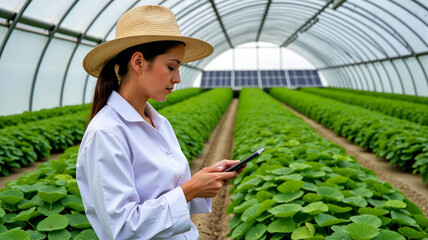 Obraz premium Young white woman in greenhouse with smartphone. Concept for modern agriculture and technology integration, sustainability, and Women's Day