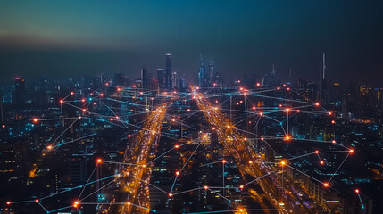 Fototapeta premium Smart digital city with connection cyber security network reciprocity over the cityscape . future smart wireless digital city and social media networking systems that connects people within the city