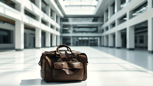 Brown leather travel bag in modern office