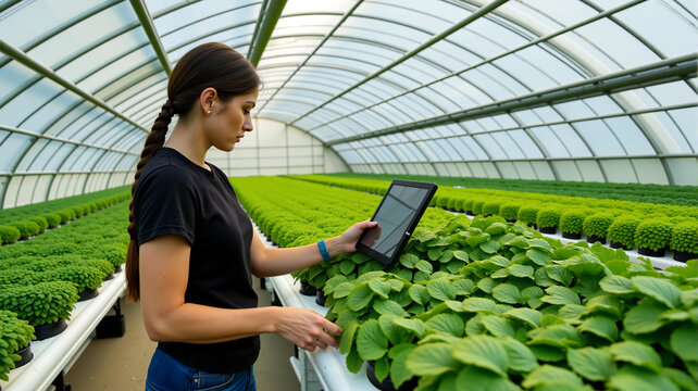 Young white woman in greenhouse monitoring plants with tablet. Concept for smart farming, technology-driven agriculture, and environmental sustainability