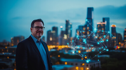 Fototapeta premium Abstract businesswoman stands on the peak of success Smart digital city with connection cyber security network reciprocity over the cityscape future wireless digital city and social media networking