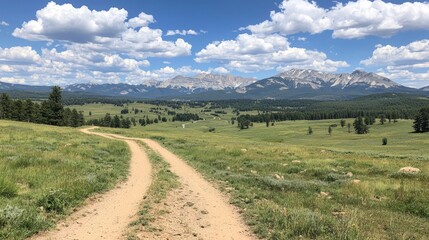 Naklejka premium Scenic landscape featuring a dirt path leading to mountains under a blue sky.