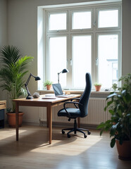 Fototapeta premium Home office, wood desk and a confortable office chair and green plants