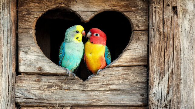 Colorful lovebirds in rustic heart shaped window display affection