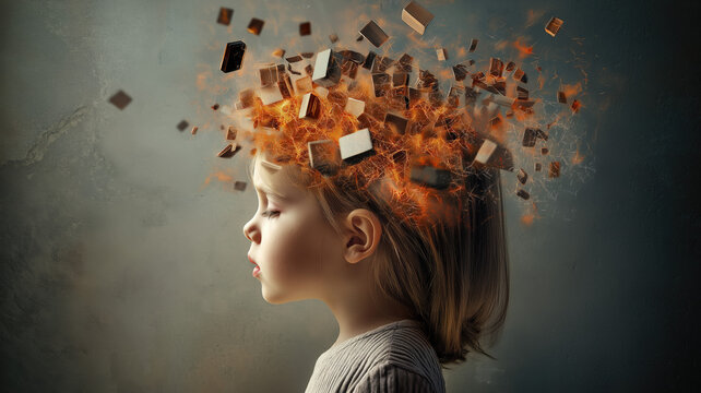 Overwhelming information data explode out of head of young human brain, too much media, too much information, maximalism, news, social media addiction. Generative AI image weber