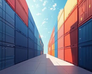 Fototapeta premium Vibrant view between colorful shipping containers under a clear blue sky, creating a sense of depth and perspective.