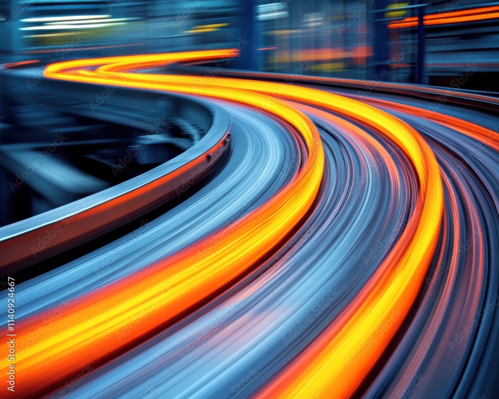 Poster dynamic motion blur of vibrant orange lights creating a winding path, conveying speed and energy in 
