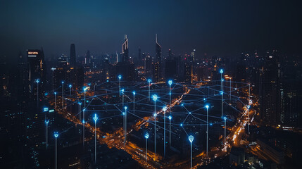 Fototapeta premium Smart digital city with connection cyber security network reciprocity over the cityscape . future smart wireless digital city and social media networking systems that connects people within the city