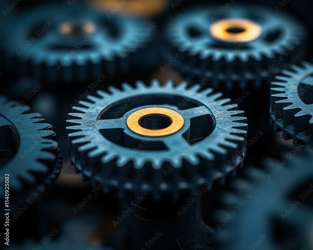 Poster close-up of interlocking gears in dark metallic tones, showcasing intricate mechanical design and pr