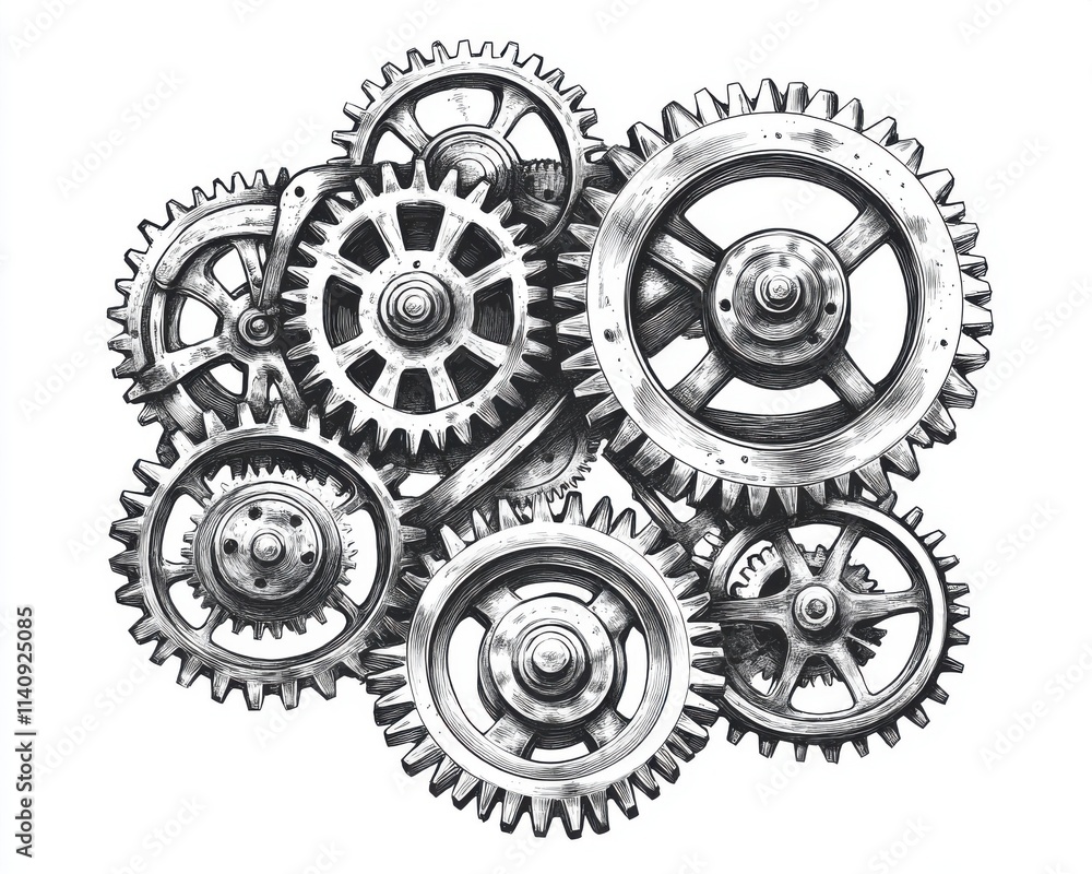 Poster intricate arrangement of metallic gears and cogs, showcasing precision engineering and mechanical de