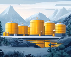 Obraz premium Vibrant yellow industrial storage tanks reflecting against a calm mountain lake surrounded by lush greenery.