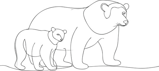 Polar bear with baby cub one line drawing